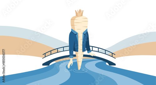 Parsnip Man Contemplates Crossing Over The Bridge In The Watery Landscape