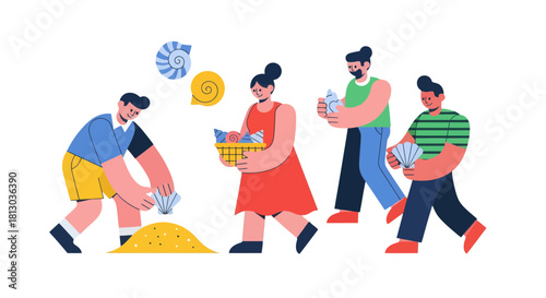 People Collecting Beach Shells And Sea Treasures On A Summer Day Illustration