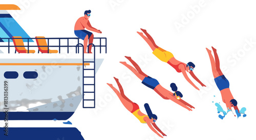 People Diving Into The Ocean From A Boat During Summertime Vacation Adventures