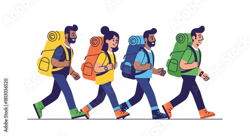 People Hiking Together With Backpacks, Adventure, Friends, Nature, And Exploration