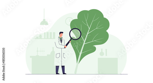 Scientist Examining a Leaf with Magnifying Glass in a Laboratory Environment