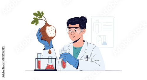 Scientist Analyzing Root Vegetable, Illustrated Concept Of Biology and Agronomy Research