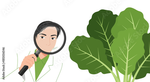 Scientist Examines Plant Life Using Magnifying Glass For Research Purposes and Study