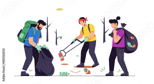People Volunteering Together To Clean Up The Litter In The Forest Environment