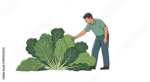 Person Admiring a Flourishing Plant Leaves Set Against a Dark Background Illustration