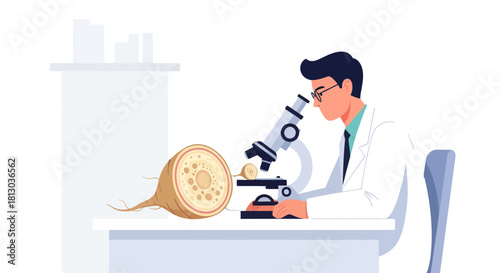 Scientist Examining a Root Vegetable with Microscope in Laboratory Illustration