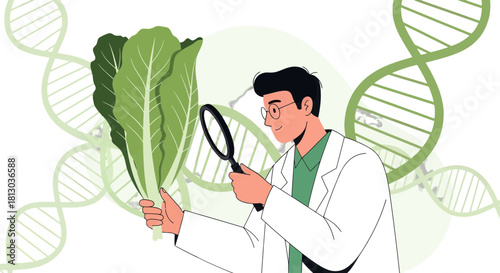 Scientist Exploring Lettuce Leaves and Analyzing DNA Strands for Scientific Insights