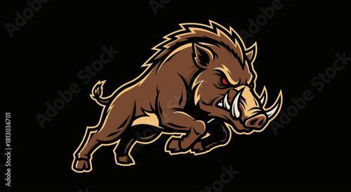 Cartoon illustration of a charging wild boar with tusks and red eyes on a black background.