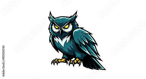 A detailed illustration of an owl with sharp yellow eyes, dark blue feathers, and a stern expression.