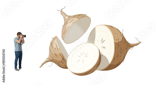 Photographer Capturing Detailed Slices Of Jicama Against Deep Black Artistic Background