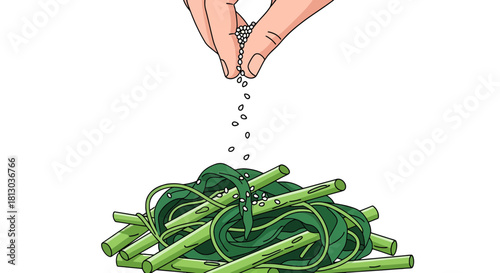 Seasoning Fresh Green Vegetables, Anime Style Hand Sprinkling Ingredients Onto Dish