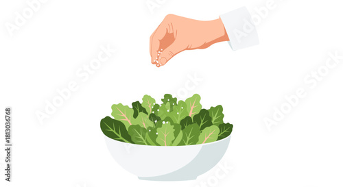 Seasoning Fresh Greens: A Culinary Illustration Featuring A Hand And Bowl Of Salad