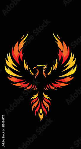 A striking graphic illustration of a phoenix bird with fiery wings spread wide against a stark black background.