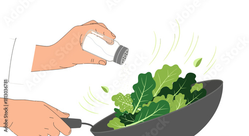 Seasoning Fresh Greens: A Culinary Illustration Featuring Salt and Vegetable Preparation