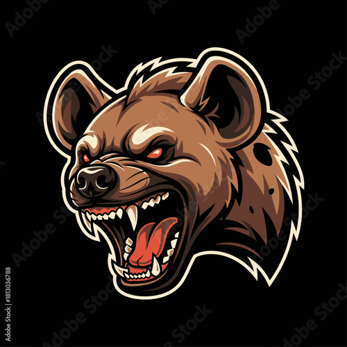 Aggressive cartoon hyena head with red eyes and open mouth showing teeth, on a black background.