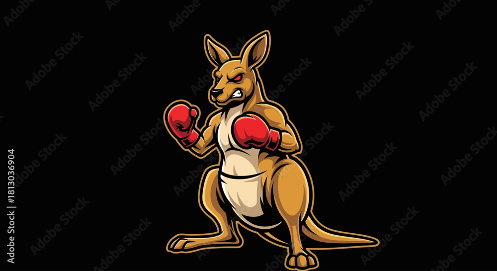 Obraz premium A cartoon illustration of a kangaroo wearing red boxing gloves, ready to fight.