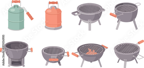 Set of Barbecue Grills and Gas Canisters in Flat Style