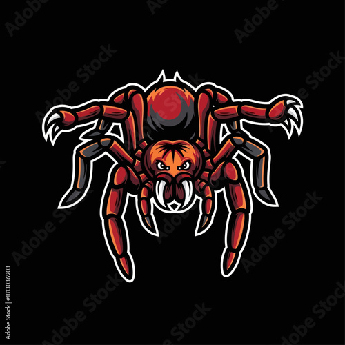 A menacing, stylized illustration of a large, red and black tarantula spider with sharp fangs and claws, set against a stark black background.