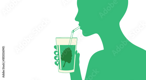 Silhouette Of Person Drinking Refreshing Green Beverage With Plant Illustration