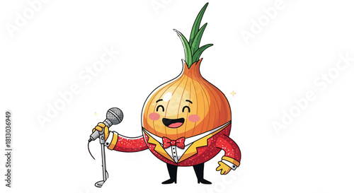 Singing Onion Character In A Suit Performing In Front Of A Black Background