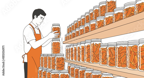 Preserver Arranges Jars Full Of Preserved Food Products On The Shelf