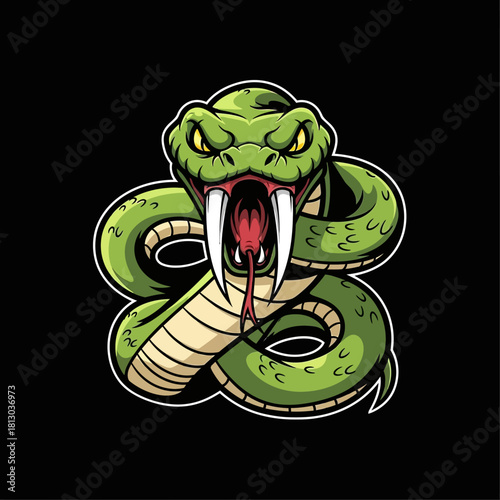 A fierce green viper coiled and ready to strike, with fangs bared and tongue flicking.