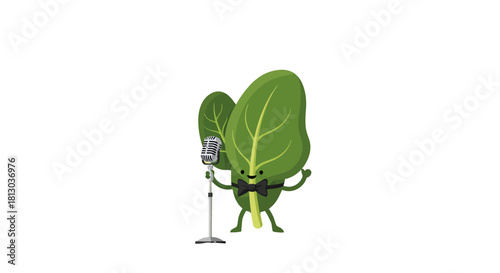 Singing Spinach: A Verdant Performer with a Microphone on a Black Backdrop Stage