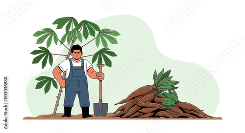 Proud Farmer Standing Beside Cassava Harvest, Illustrating Agricultural Prosperity