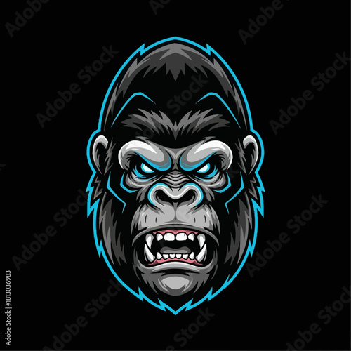 Aggressive gorilla head with glowing blue eyes and outlined in blue on a black background.