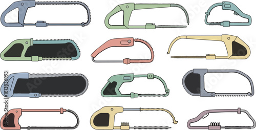 Collection of Colorful Hand Saws in Various Styles on Light Gray Background