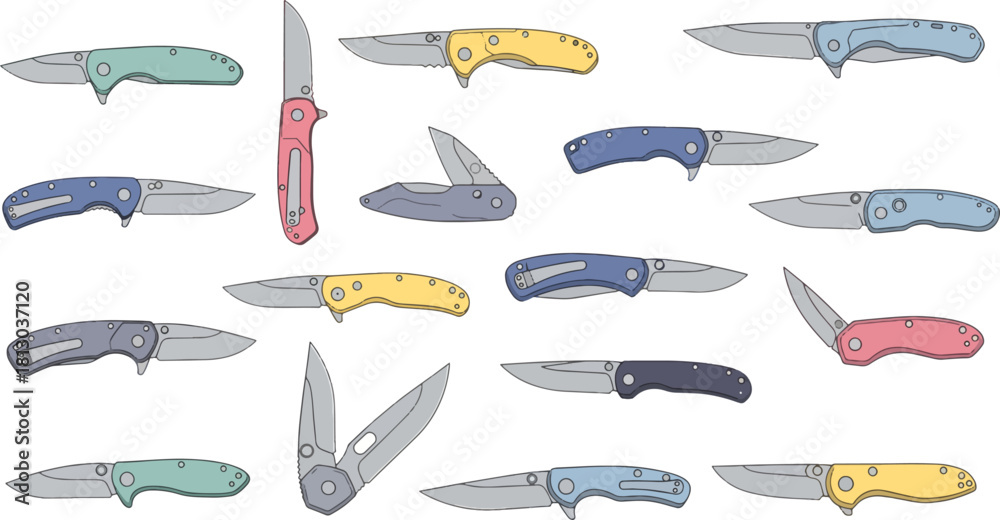 Obraz premium Collection of Colorful Folding Knives in Various Sizes and Styles