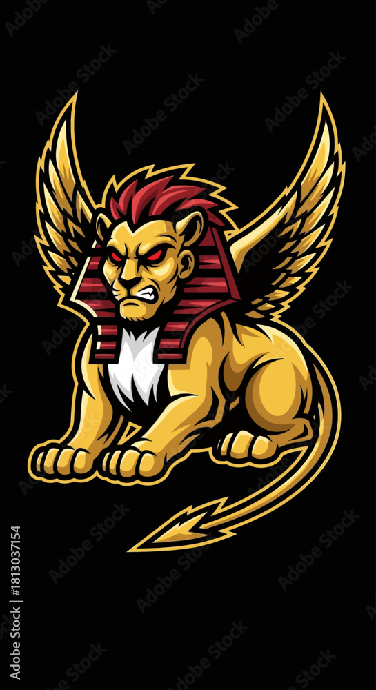 Fototapeta premium A golden sphinx with red hair, wings, and an angry expression, set against a black background.