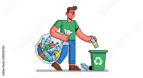 Recycling Process: Animated Illustration of a Person Sorting Plastic Waste for Disposal