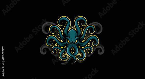 A menacing teal octopus with glowing yellow eyes and swirling tentacles against a black background.