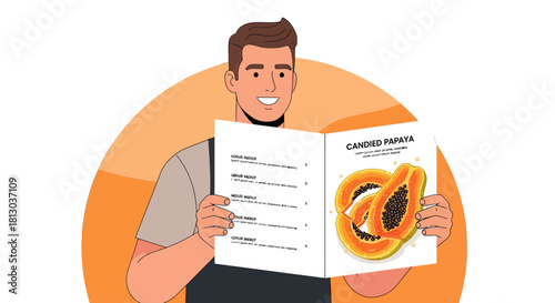 Smiling Man Reviews Candied Papaya in Restaurant Menu for Sweet Dessert Delight