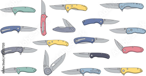 Collection of Colorful Folding Knives in Various Sizes and Styles