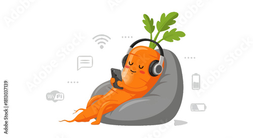Relaxed Carrot Meditating with Headphones and Smartphone, Enjoying Modern Technology