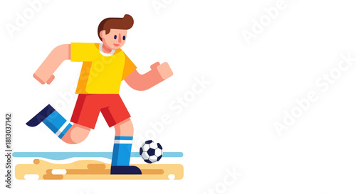 Soccer Player Kicking Football on a Sunny Field Illustration with Minimalist Design