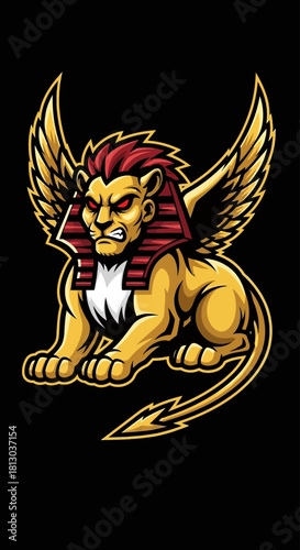 A golden sphinx with red hair, wings, and an angry expression, set against a black background.