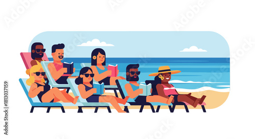 Relaxed Characters Enjoy Beach Vacation Reading Books During A Beautiful Sunny Day Scene