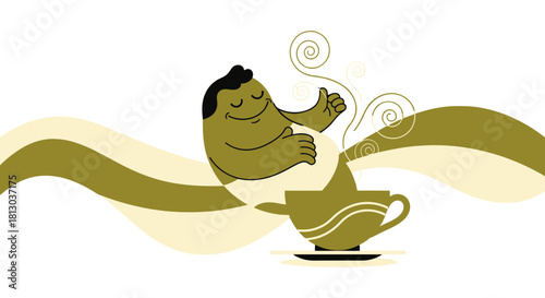 Relaxed Figure Enjoying Tea Experience with Serene Aura and Artistic Design