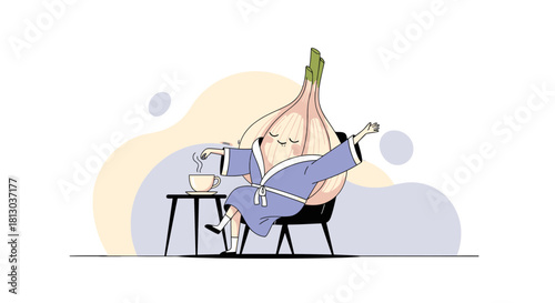 Relaxed Garlic With Robe Enjoying A Coffee Break On Minimalist Backdrop Illustration