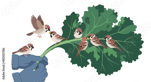 Sparrows Gathering Upon a Lush Green Leaf Branch Amidst a Dark Backdrop, Illustration