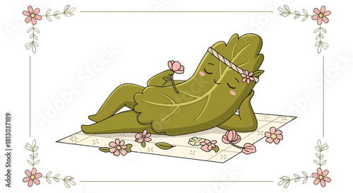 Relaxed Leafy Character Enjoying Leisure On A Floral Blanket In A Peaceful Scene