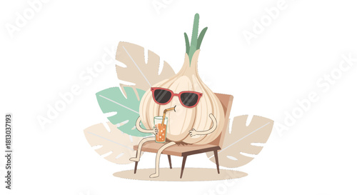 Relaxed Garlic With Trendy Sunglasses, Sipping Refreshing Drink, Amidst Tropical Leaves