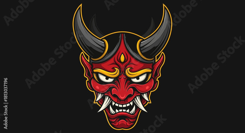 A vibrant illustration of a red Oni mask with sharp horns and a menacing expression.