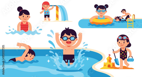 Summer Fun: Children Enjoying The Swimming Pool And Various Water Activities