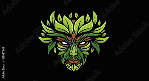 A stylized illustration of a green man face made of leaves and wood against a black background.