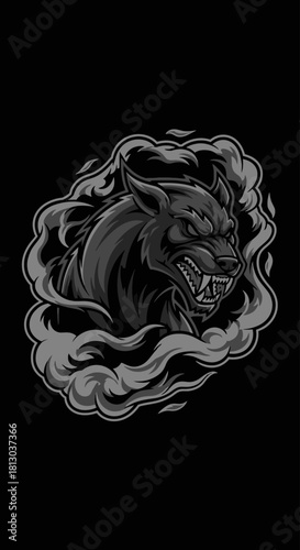 Aggressive gray wolf head illustration emerging from dark smoke on a black background, showcasing fierce teeth and an intense gaze.