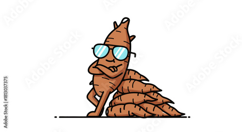 Super Cool Cassava with Sunglasses Posing near Other Cassava Roots in Black Background